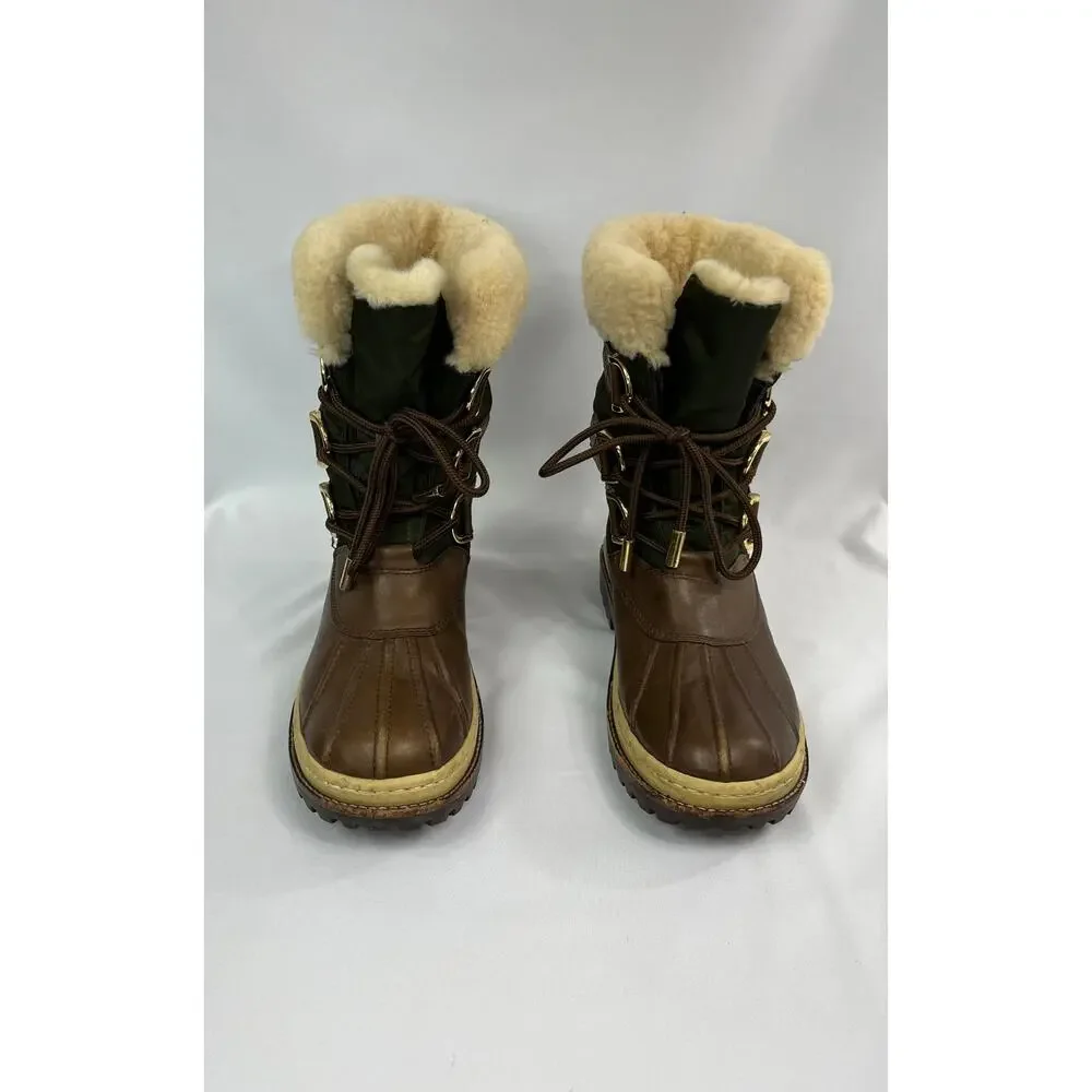Tory Burch Duck Boots Nylon Leather Lace Up Sherling Womens 7 1/2